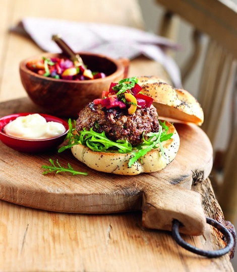 Greek beef burger with beetroot relish