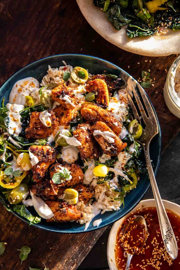 Greek chicken bowls with creamy tahini feta sauce 