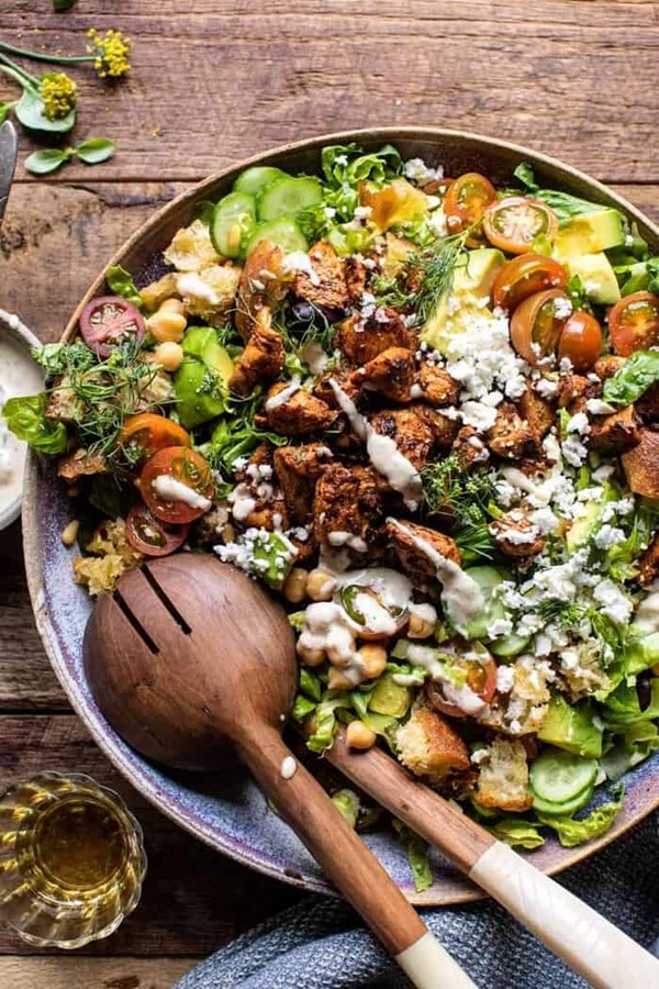 Greek chicken chopped salad with lemon tahini vinaigrette