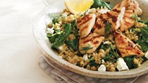 Greek chicken, freekeh, and spinach bowls