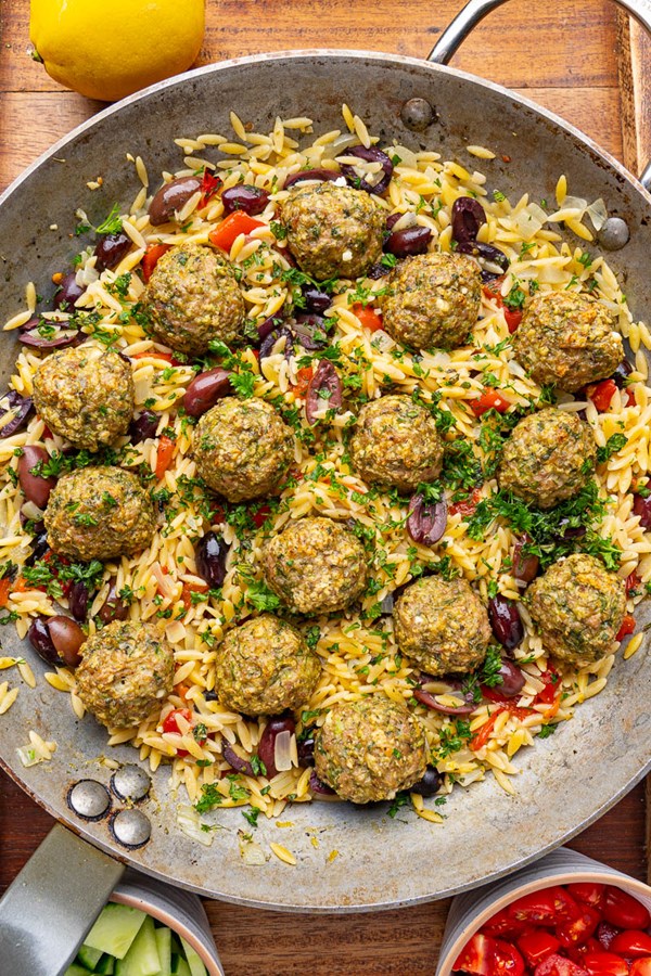 Greek chicken meatballs and orzo