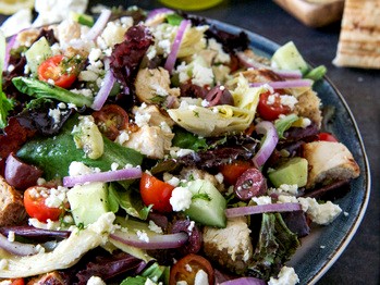Greek chicken panzanella with honey-lemon vinaigrette