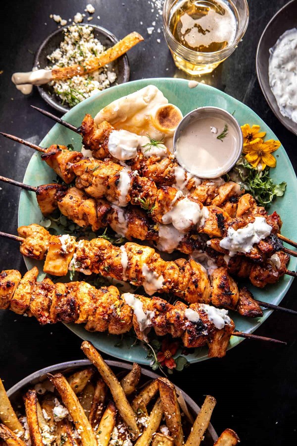 Greek chicken skewers with feta fries