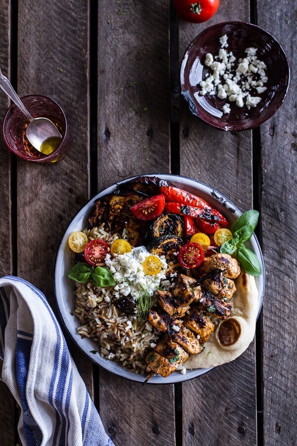Greek chicken souvlaki and rice pilaf plates w/marinated veggies + feta tzatziki