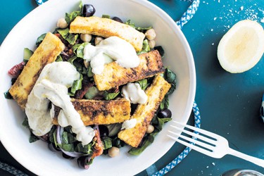 Greek chickpea salad with spiced haloumi and yoghurt