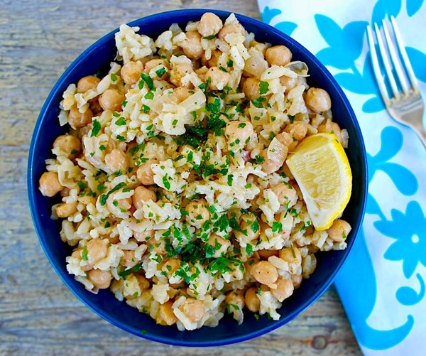 Greek chickpeas and rice with tahini and lemon