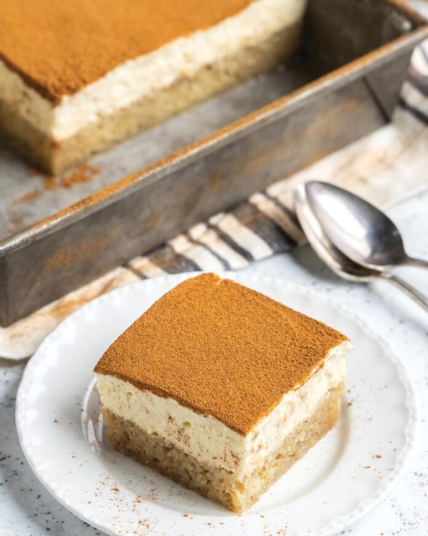Greek custard cake [cinnamon simple syrup; crème diplomate]