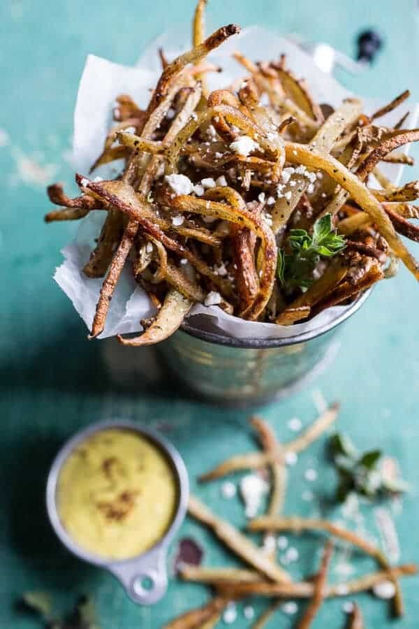 Greek feta fries with roasted garlic saffron aioli