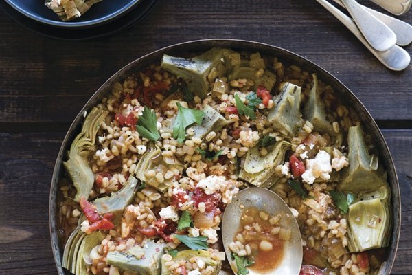 Greek-inspired fresh artichokes with barley and tomatoes