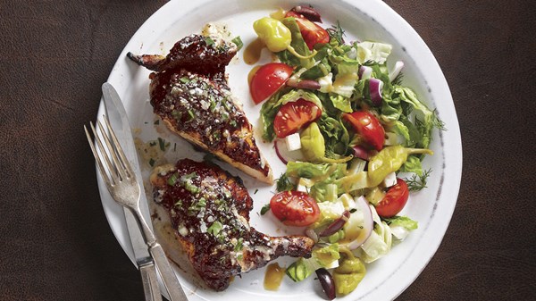 Greek-inspired grilled Cornish game hens with honey-garlic butter