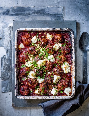Greek lamb meatball, feta and tomato bake