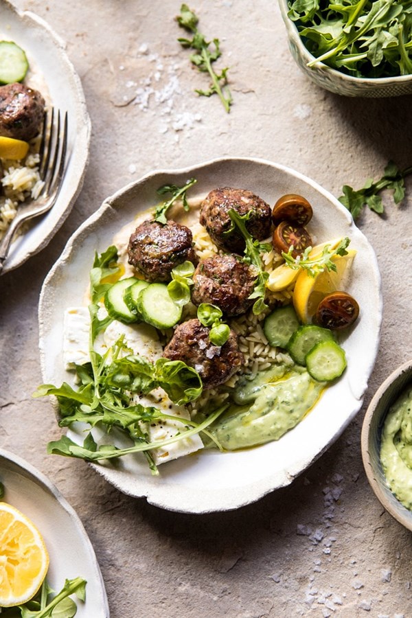 Greek lamb meatballs with avocado goddess sauce