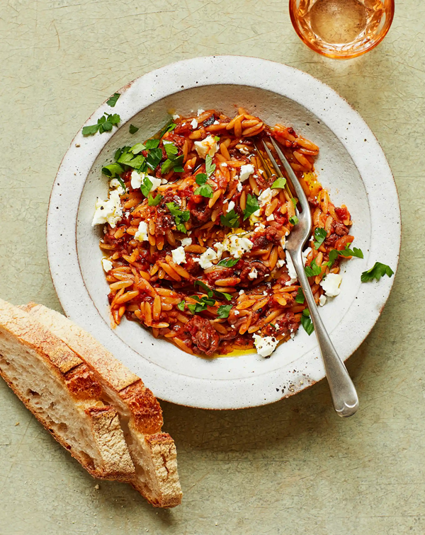 Greek lamb, tomato and feta orzo