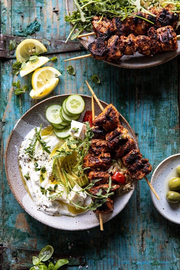 Greek lemon chicken bowls with sizzled mint goddess sauce