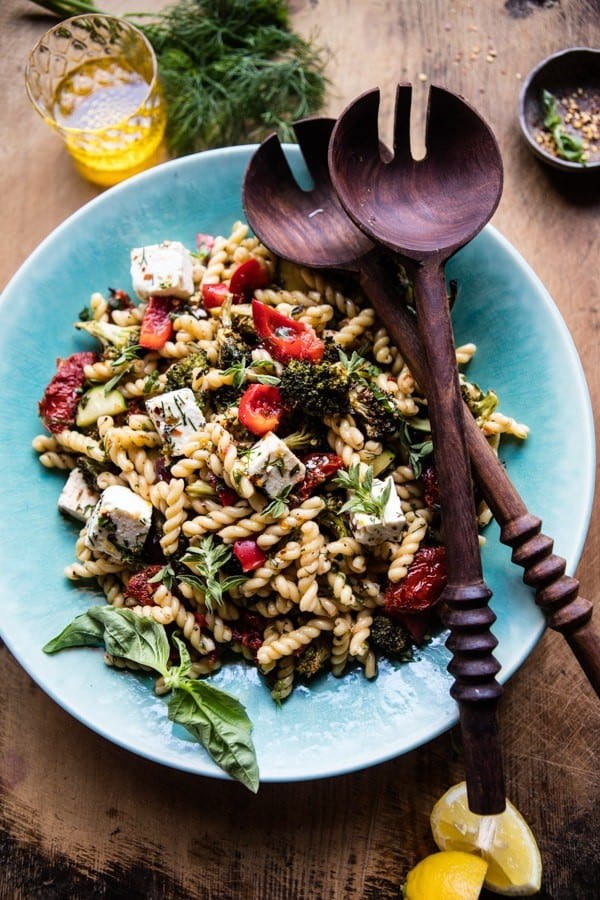 Greek lemon garlic roasted broccoli pasta salad