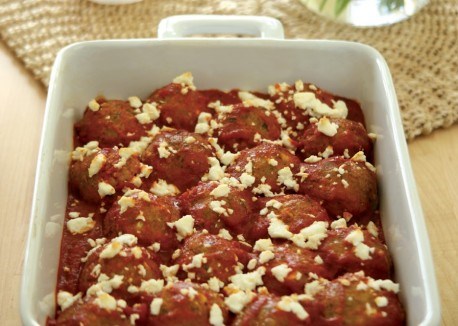 Greek "meatballs" in a fragrant tomato sauce with feta cheese