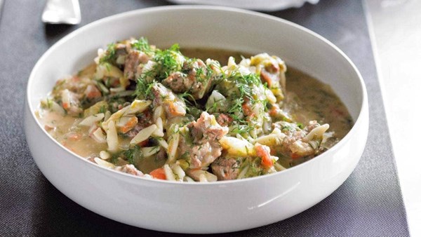 Greek mutton fricassée with orzo and avgolemono sauce