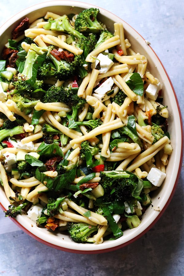 Greek pasta salad with roasted broccoli, feta, and lemon vinaigrette