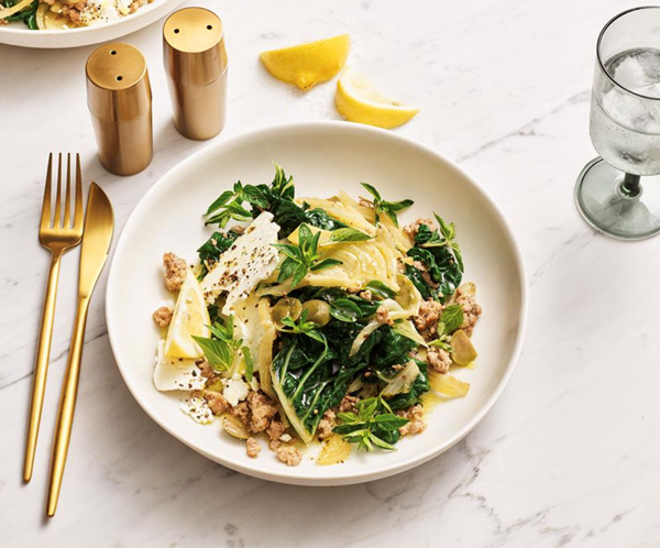 Greek pork with silverbeet and olives