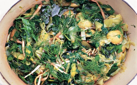 Greek potatoes and greens with garlic yogurt