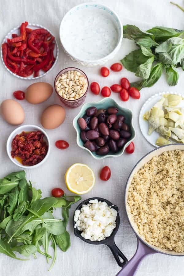 Greek quinoa dinner omelets with feta and tzatziki