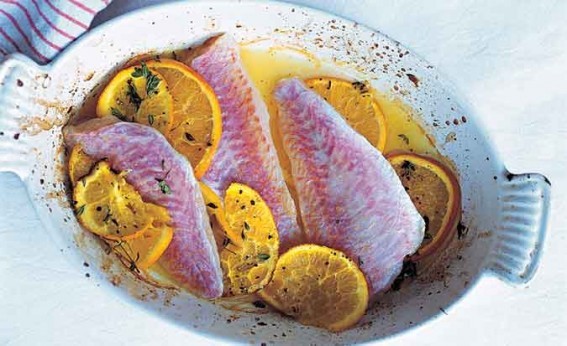 Greek red mullet with oranges and olives