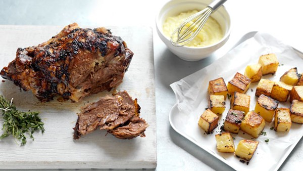 Greek roast lamb with skordalia and potatoes