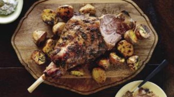 Greek roasted lamb leg with yoghurt sauce
