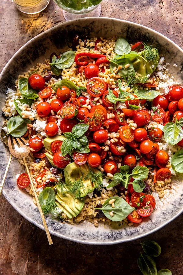 Greek roasted red pepper tomato feta orzo