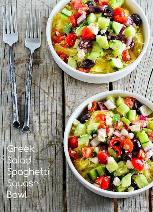 Greek salad spaghetti squash bowl
