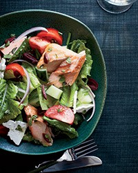 Greek salad with oregano-roasted salmon