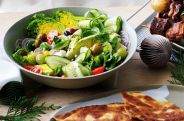 Greek salad with pita bread and tzatziki