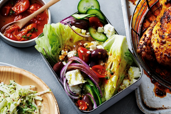Greek salad with roasted tomato dressing
