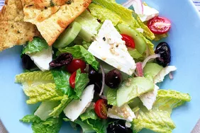 Greek salad with seasoned flatbread