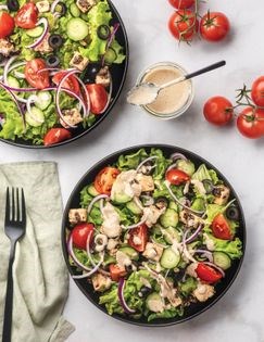 Greek salad with sun-dried-tomato tofu feta