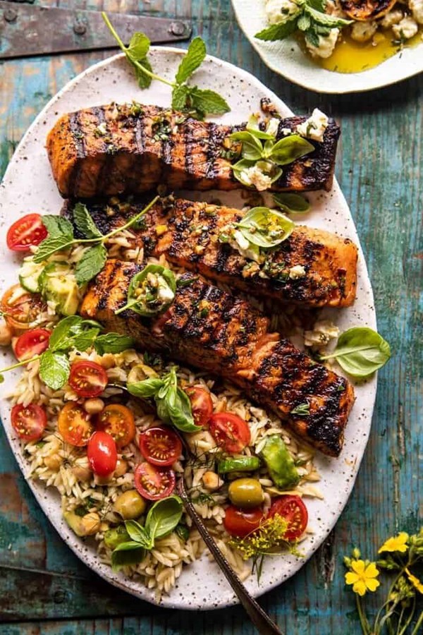 Greek salmon with lemon feta and orzo summer salad
