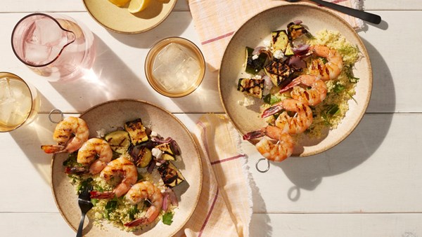 Greek shrimp skewers with chopped-zucchini salad