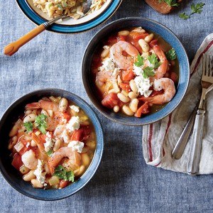 Greek shrimp with white beans, tomato sauce, and feta