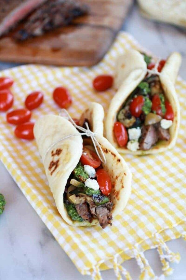 Greek steak and pesto salad pitas