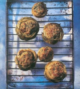 Greek-style baked artichokes with cilantro, mint & lemon