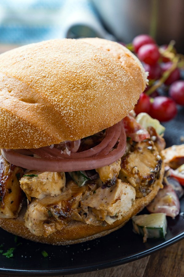 Greek style grilled chicken salad sandwich