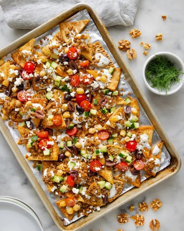 Greek-style nachos with walnut meat