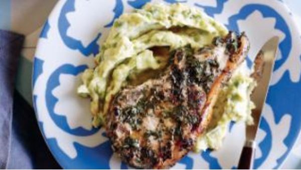 Greek-style pork chops with potato and pea skordalia