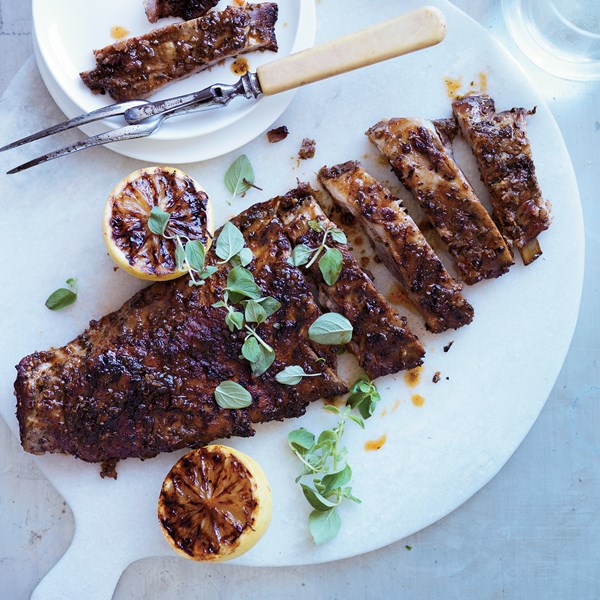 Greek-style pork spareribs with grilled lemons [Michael Symon]