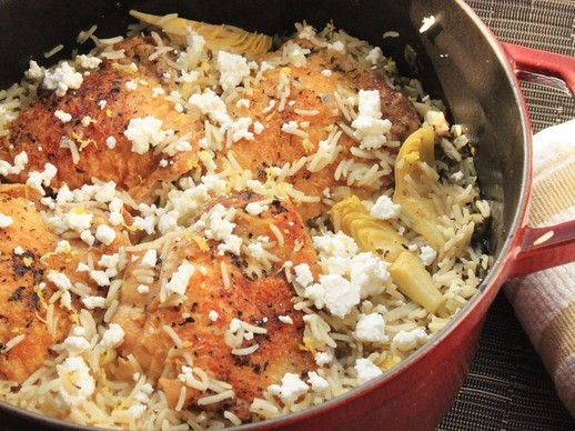 Greek-style rice pilaf with chicken thighs