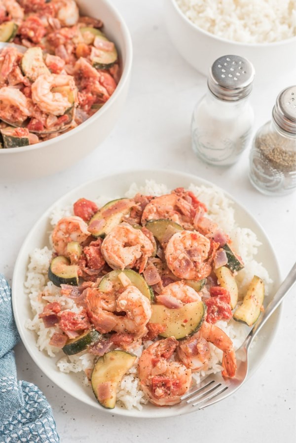 Greek-style shrimp over rice