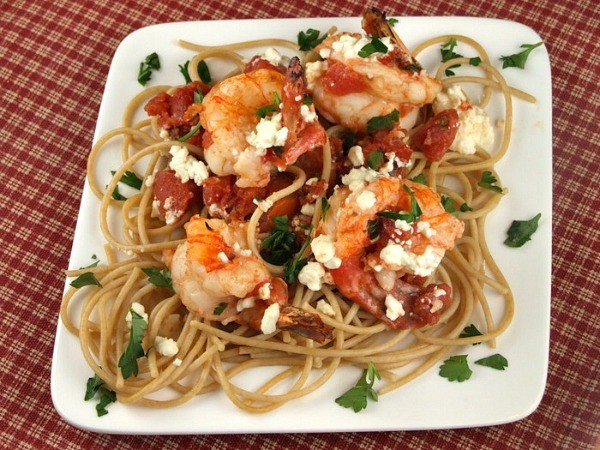 Greek-style shrimp scampi with whole wheat spaghetti