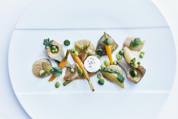 Greek-style spring vegetables and salad leaves