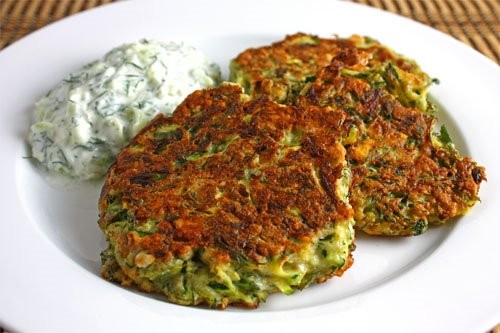 Greek style zucchini fritters with tzatziki