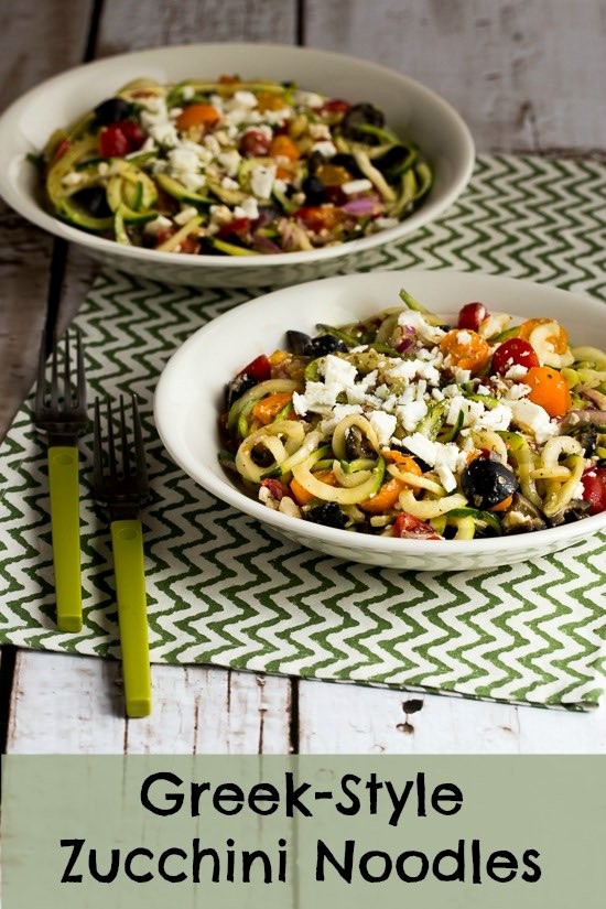 Greek-style zucchini noodles with tomatoes, olives, and feta